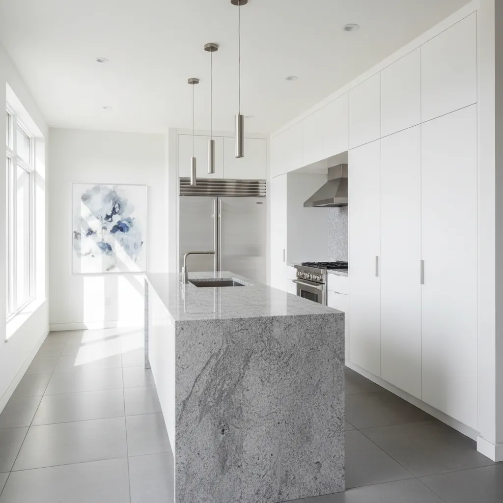 Cocina moderna blanca con encimera gris piedra