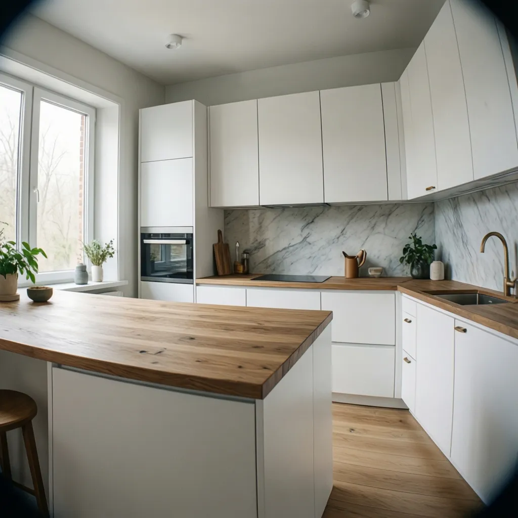 Modern white kitchen with wooden island countertop marble wall tiles white cabinets and bright window