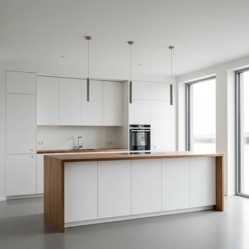 Cocina moderna blanca con encimera de madera