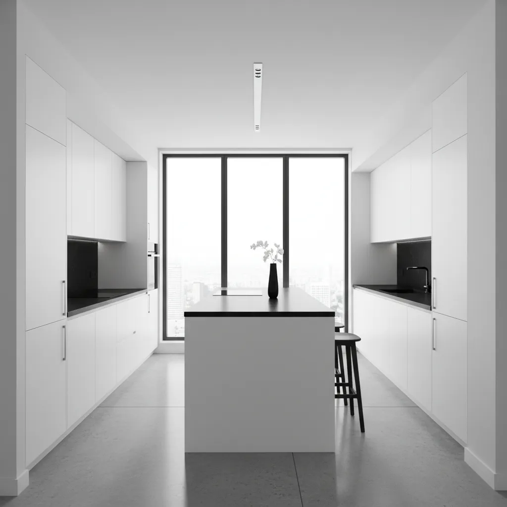 Cocina moderna con muebles blancos y encimera negra