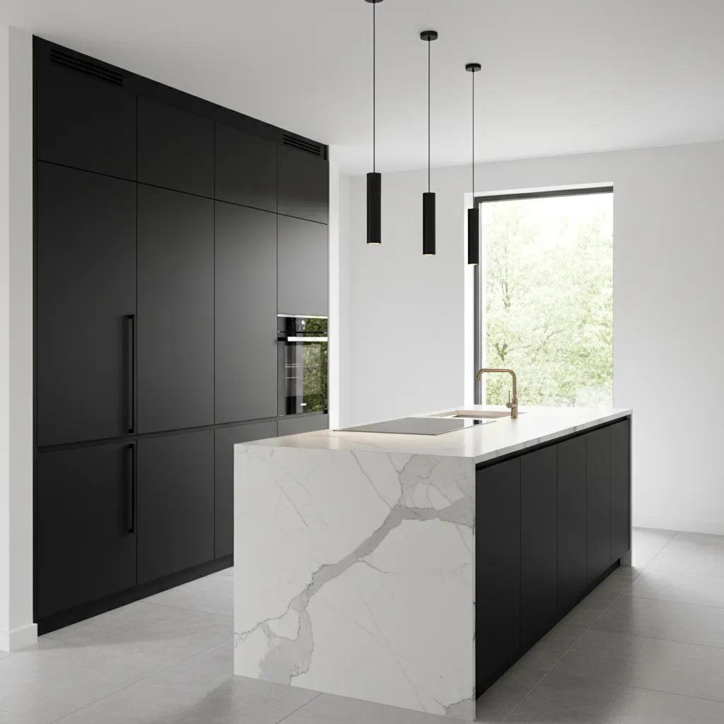 Cocina moderna con armarios negros y paredes blancas