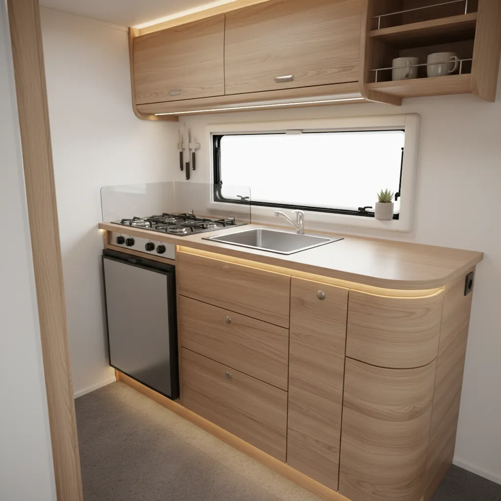 Pequeña cocina bien organizada dentro de una caravana