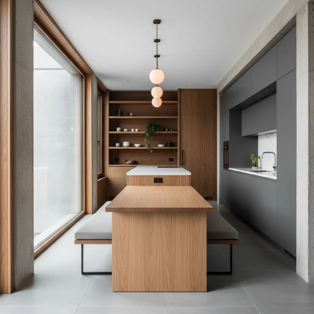 Diseño de cocina abierta en casa de 9x15 metros