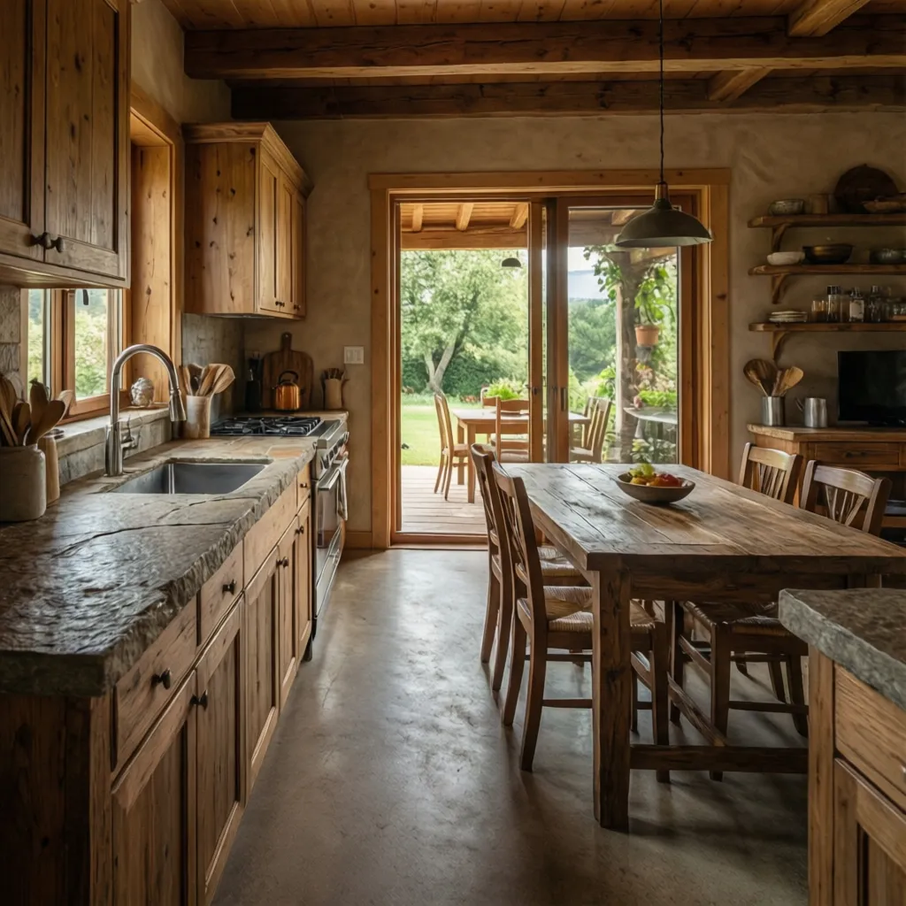 Cocina abierta conectada con comedor y terraza en casa campestre