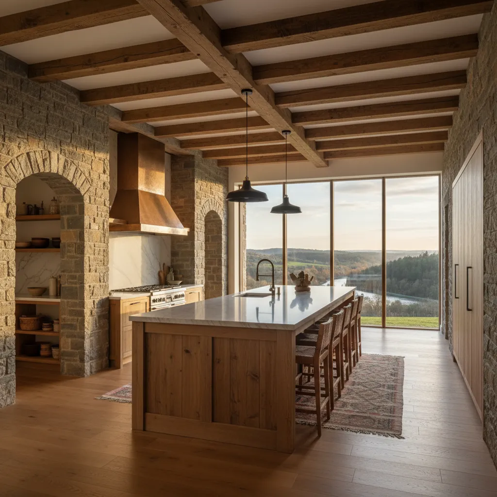 Cocina abierta con isla en una casa de campo moderna