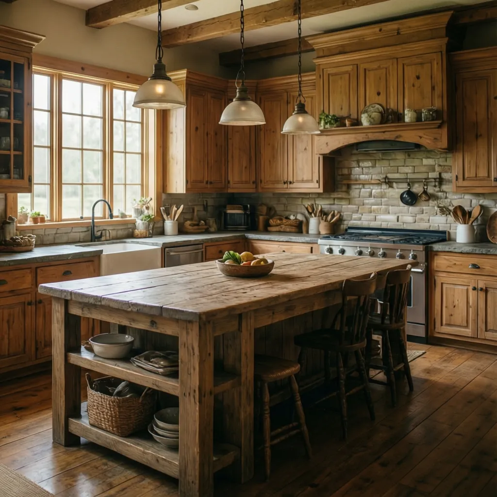 Rustic kitchen featuring wood cabinets, large island with shelves, brick backsplash, and hanging ceiling lights