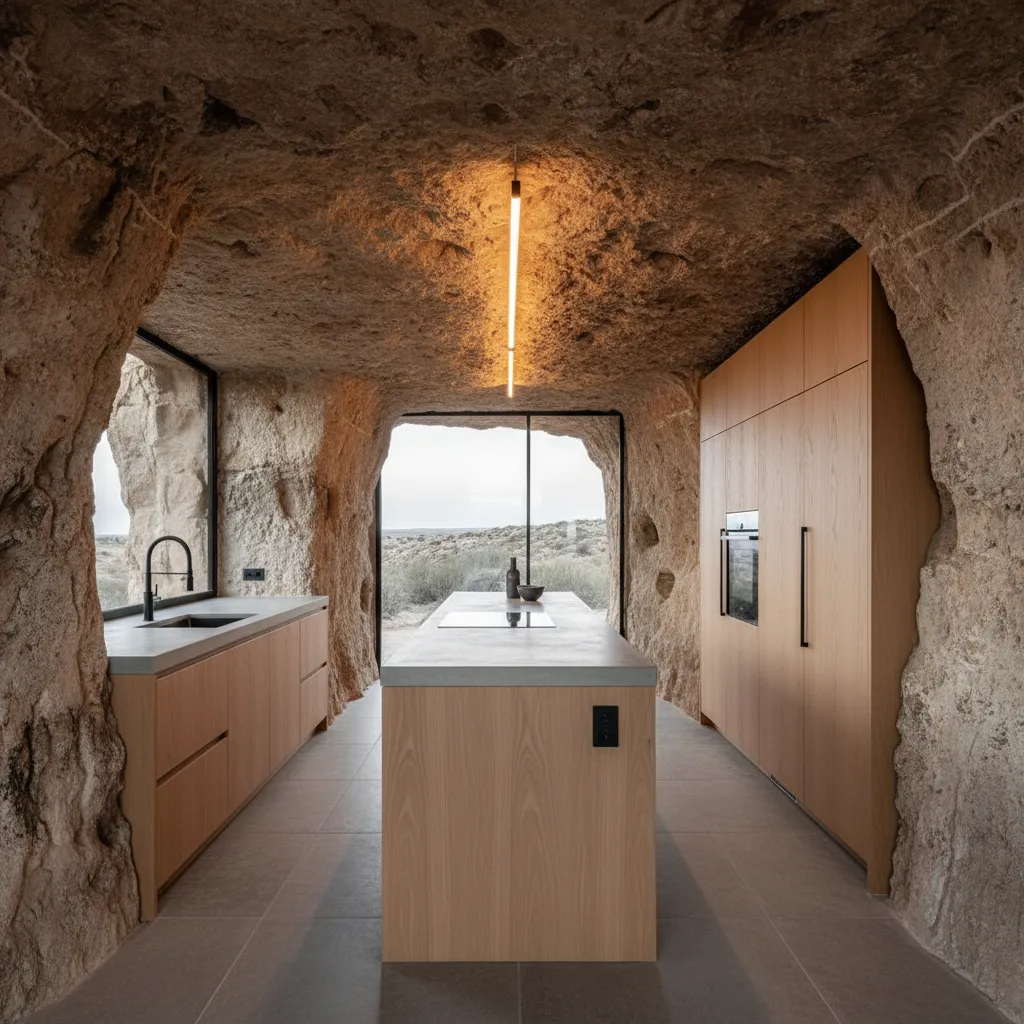 Cocina moderna integrada en una casa cueva