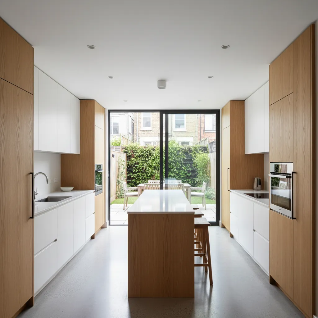 Cocina abierta conectada con patio trasero en casa entre medianeras