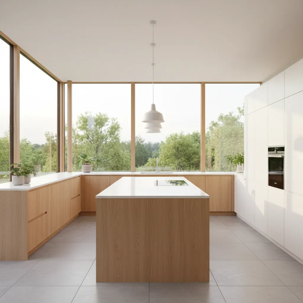 Cocina moderna con ventanas en dos paredes en una casa en esquina