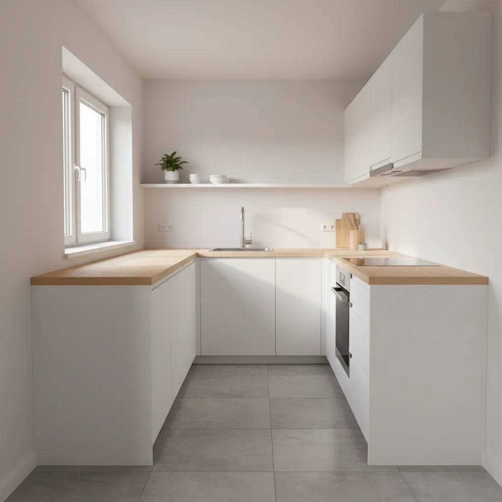 Minimalist white kitchen design with light wood countertops, grey floor tiles and a large window.
