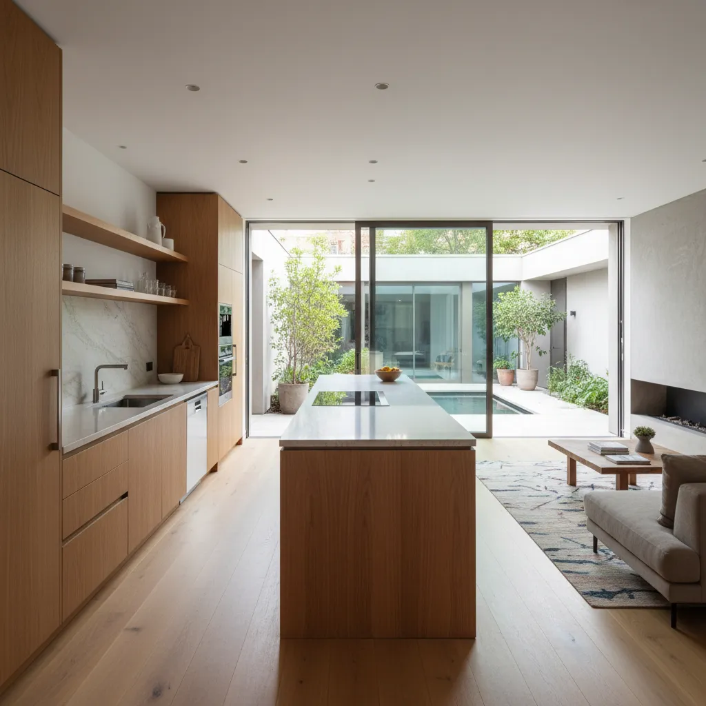Cocina moderna con isla conectada al patio en una casa en forma de L