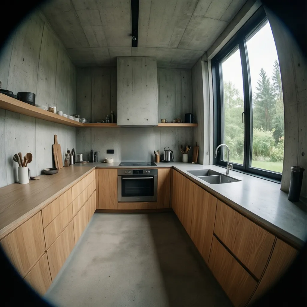 Cocina moderna dentro de una casa de hormigón