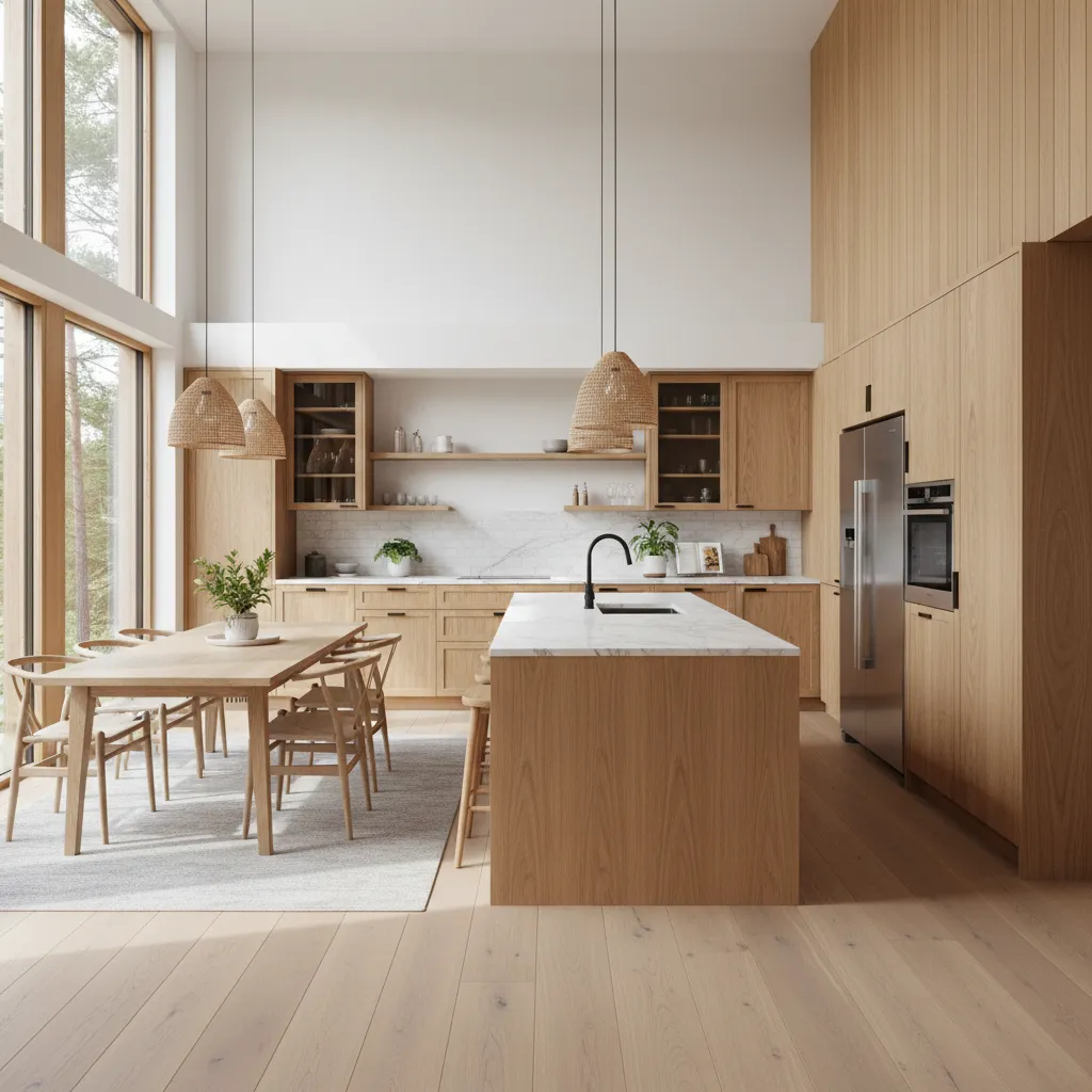 Modern kitchen with wooden cabinets, white marble island, black faucet, dining table, and natural light