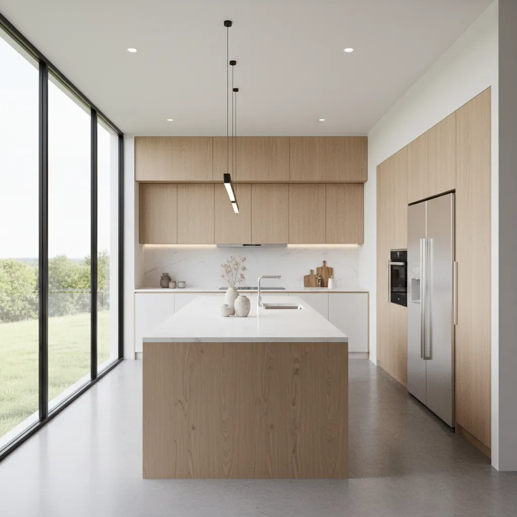 Cocina moderna con isla en una casa prefabricada de diseño