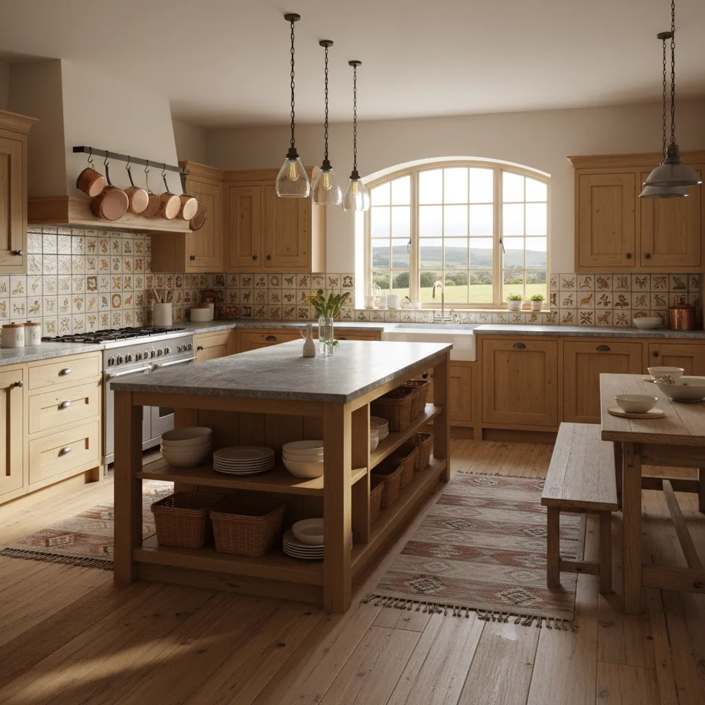 Cocina abierta en casa rural con isla central