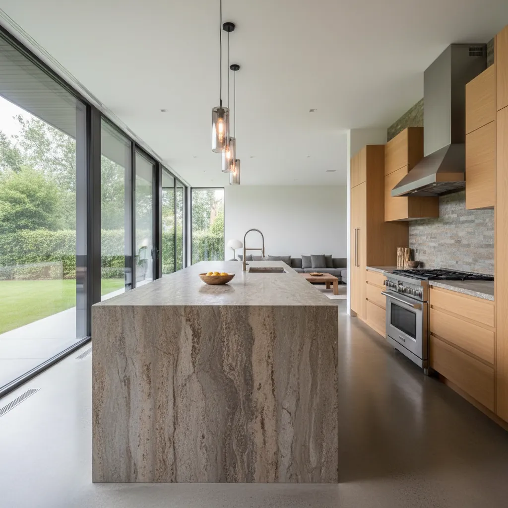 Cocina moderna con isla central en una vivienda unifamiliar
