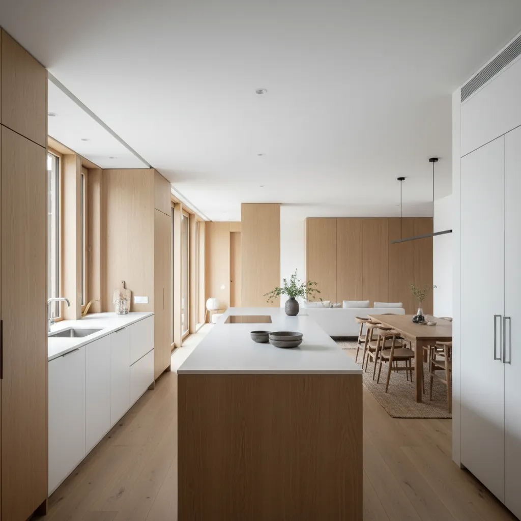 Cocina moderna ubicada en el centro de una casa alargada