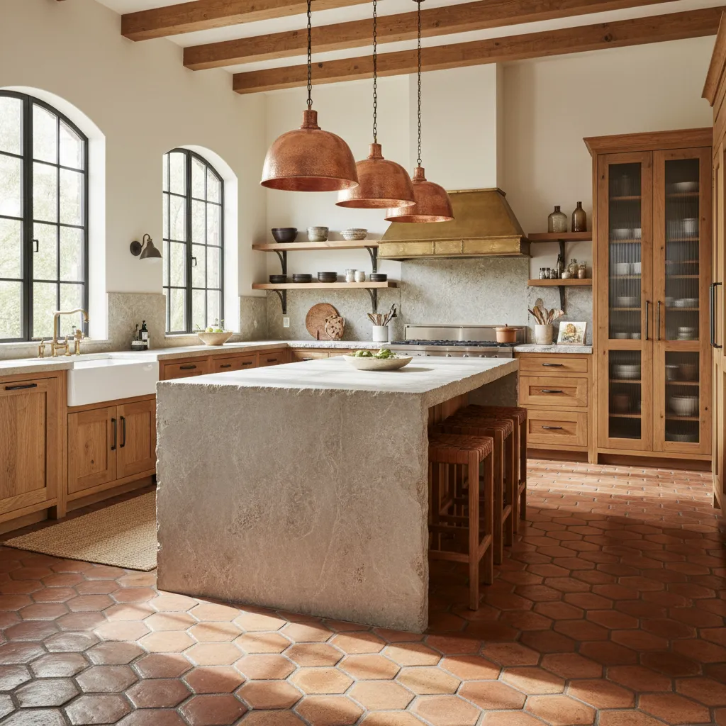 Cocina colonial moderna con isla de piedra y armarios de madera