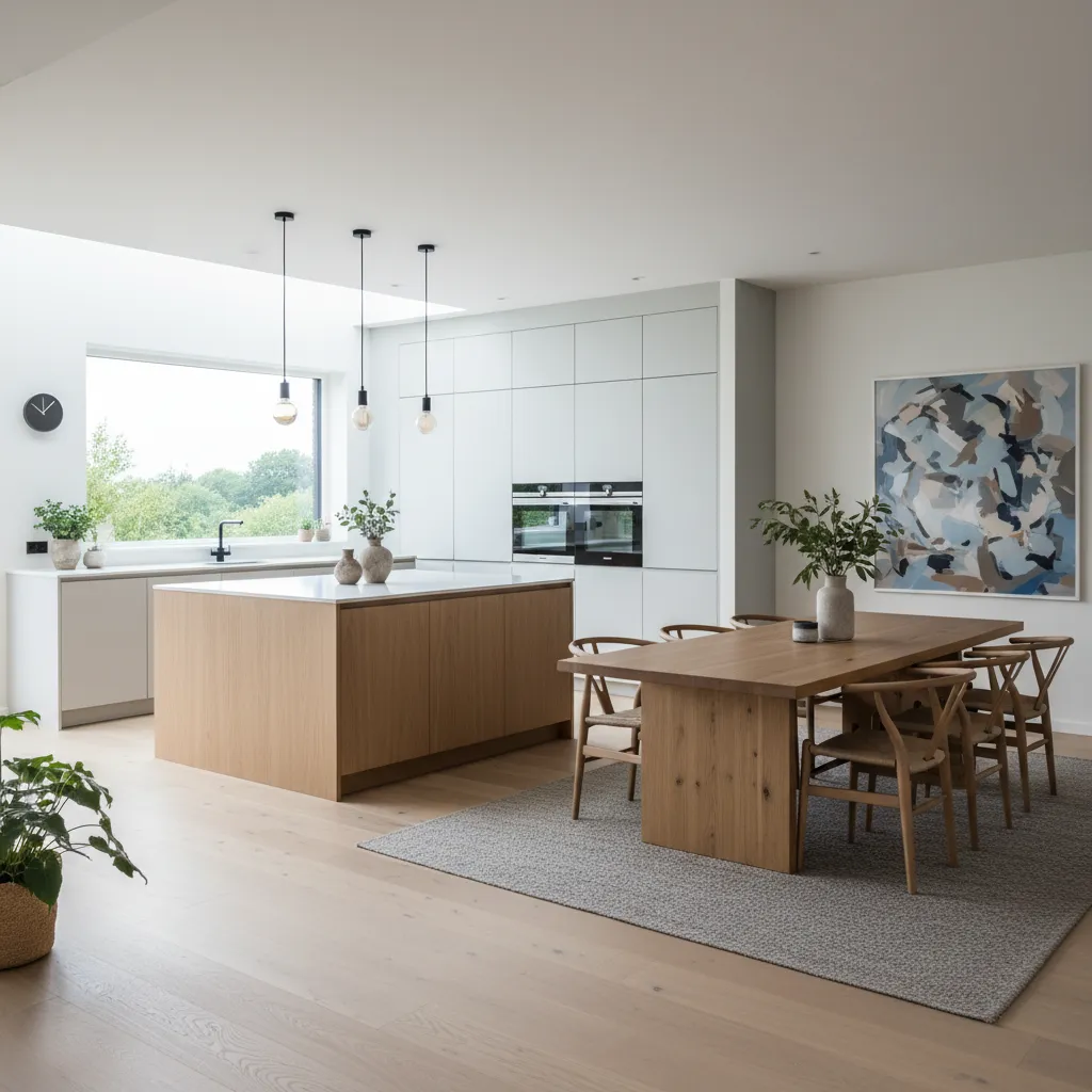 Cocina abierta con isla que separa visualmente el comedor