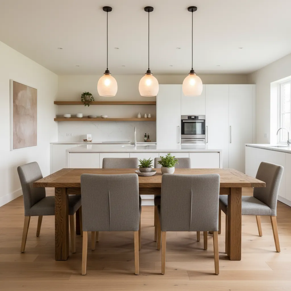 Mesa de comedor con lámparas colgantes en cocina abierta