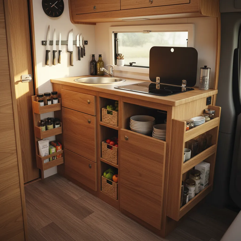 Pequeña cocina funcional dentro de una casa rodante