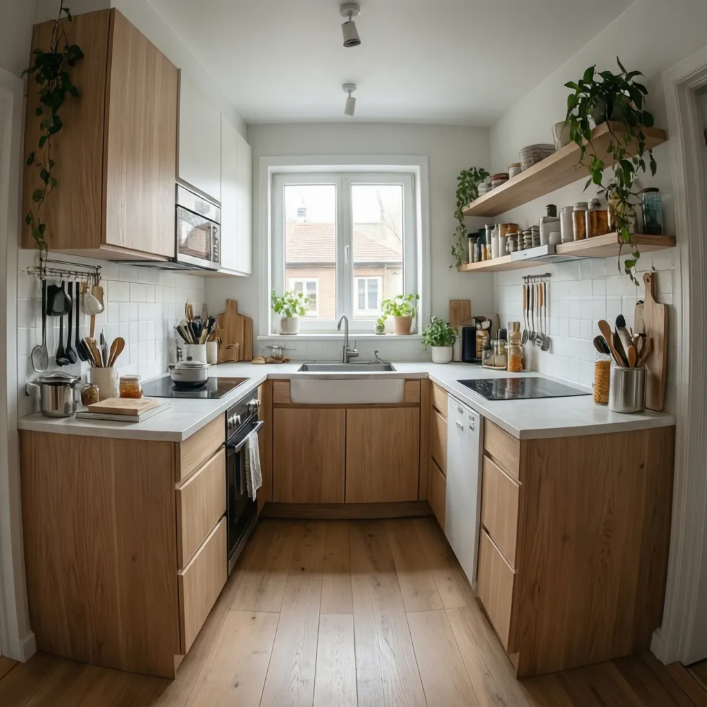 Cocina compacta diseñada para una casa de 9x9 metros