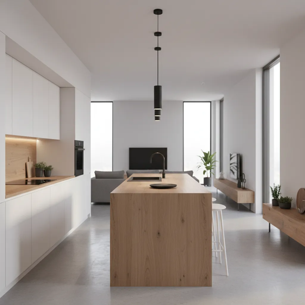 Cocina moderna con isla en una casa de diseño de 100 metros