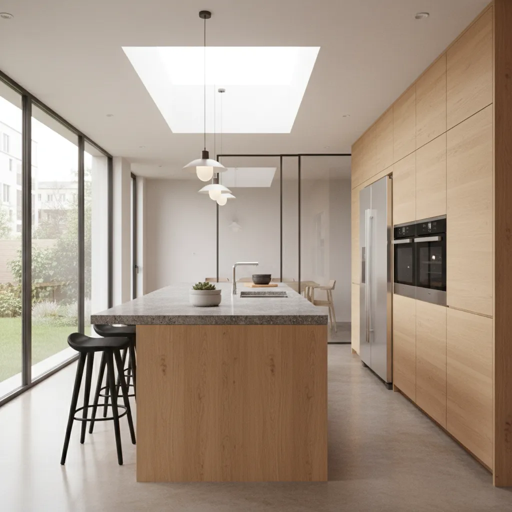 Cocina moderna con isla central en una casa grande contemporánea