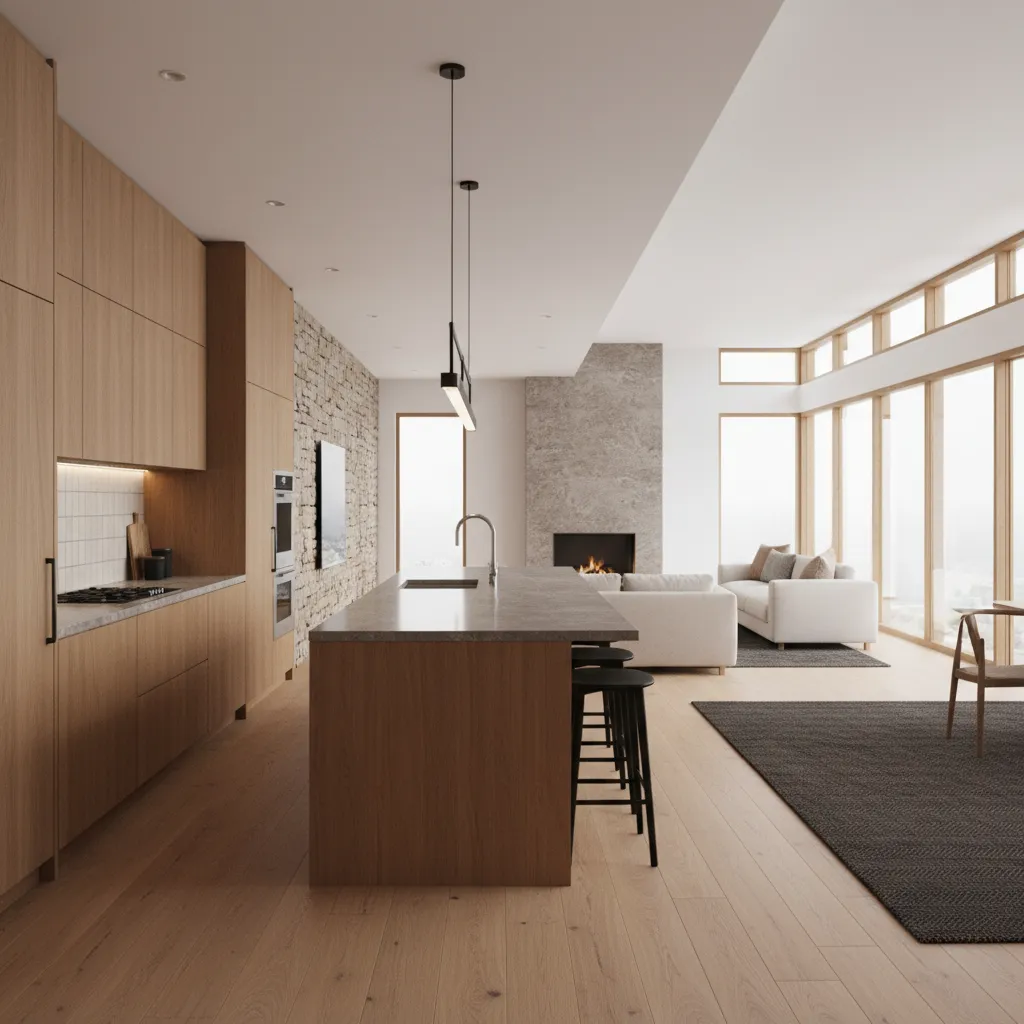 Cocina moderna con isla en casa familiar grande