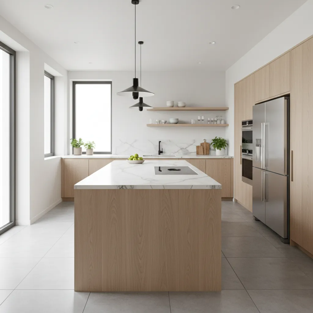 Modern kitchen with wood cabinets white marble island black ceiling light fixtures and large windows