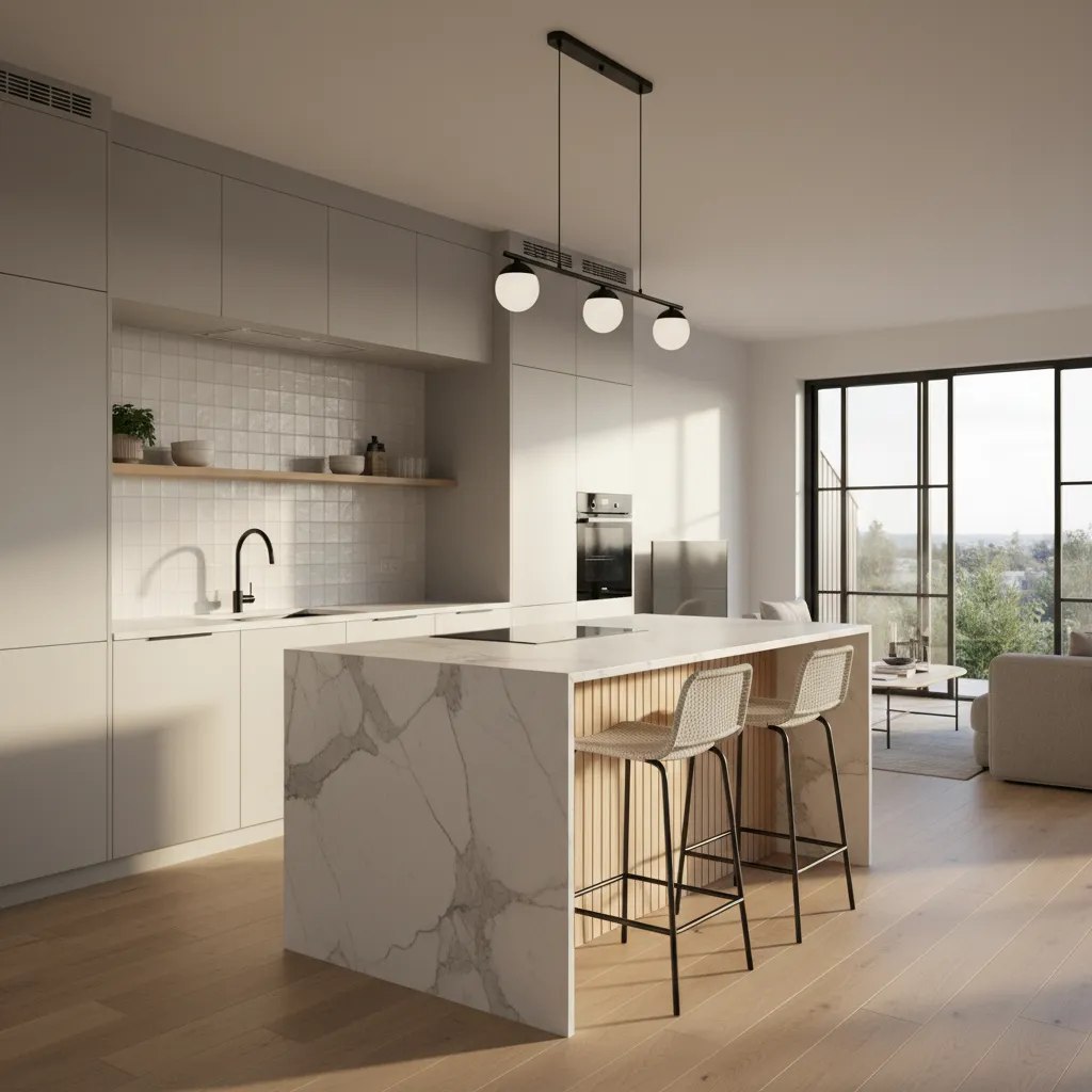 cocina abierta con isla central en una vivienda moderna