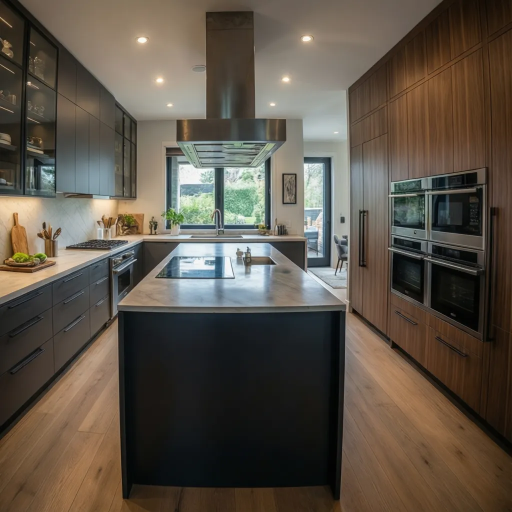 Cocina moderna con isla grande que reduce el espacio de circulación