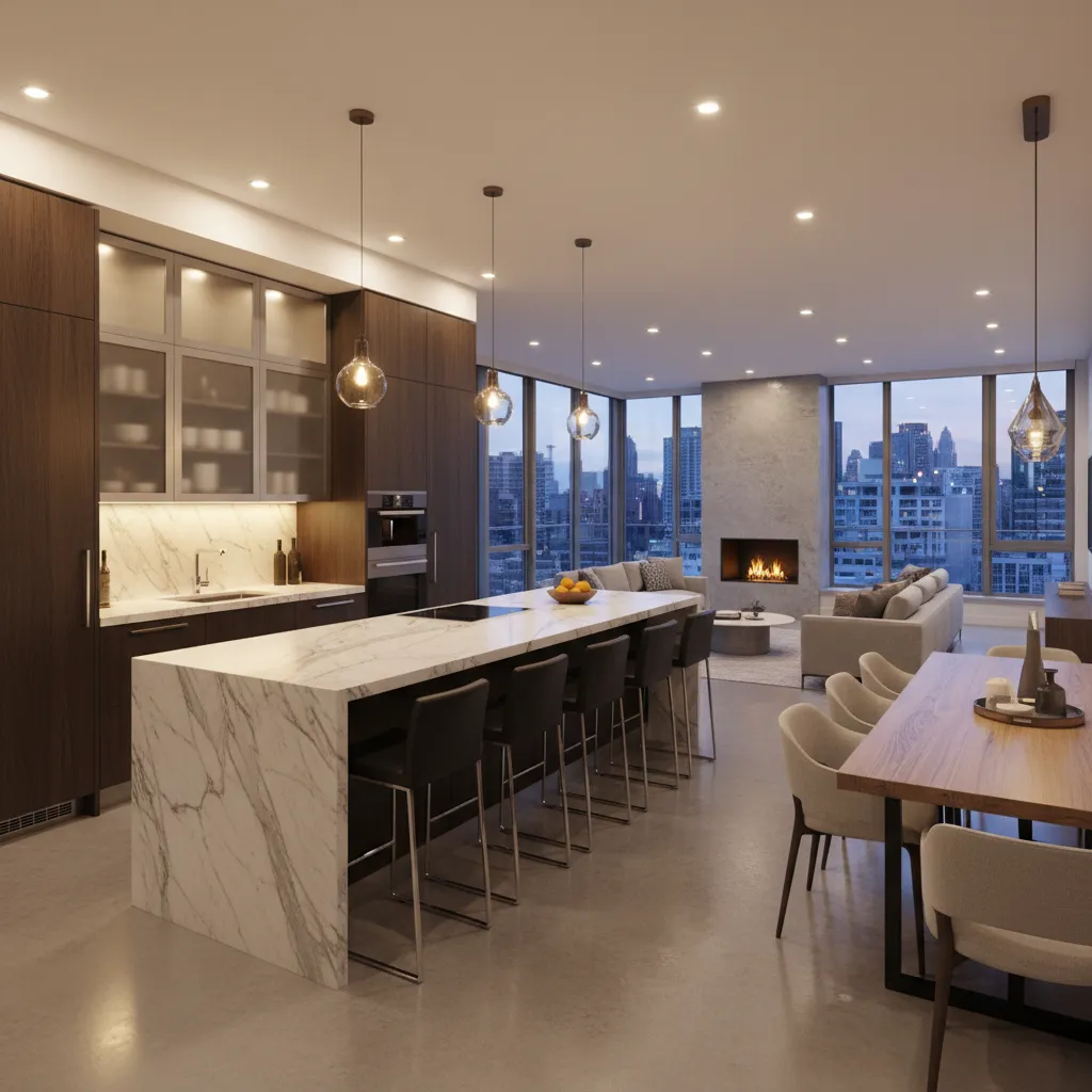 Modern kitchen with marble island stools dark wood cabinets ceiling light fireplace and city view