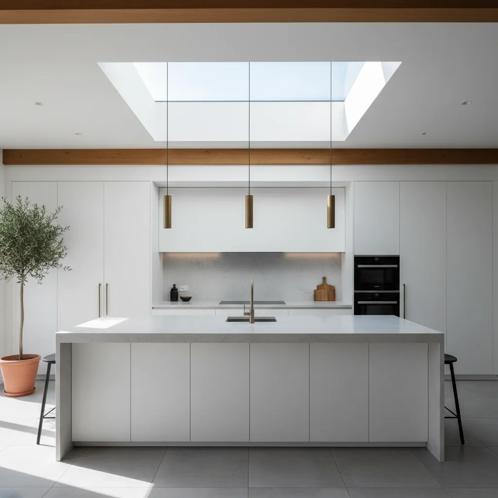 Cocina moderna con isla central iluminada por tragaluz