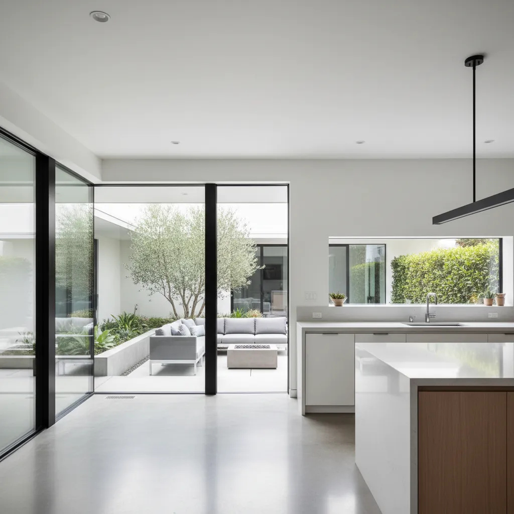 Modern white kitchen with island black light fixture and glass doors opening to outdoor patio