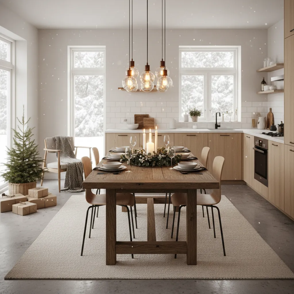 Cocina moderna con pequeña decoración navideña en la mesa