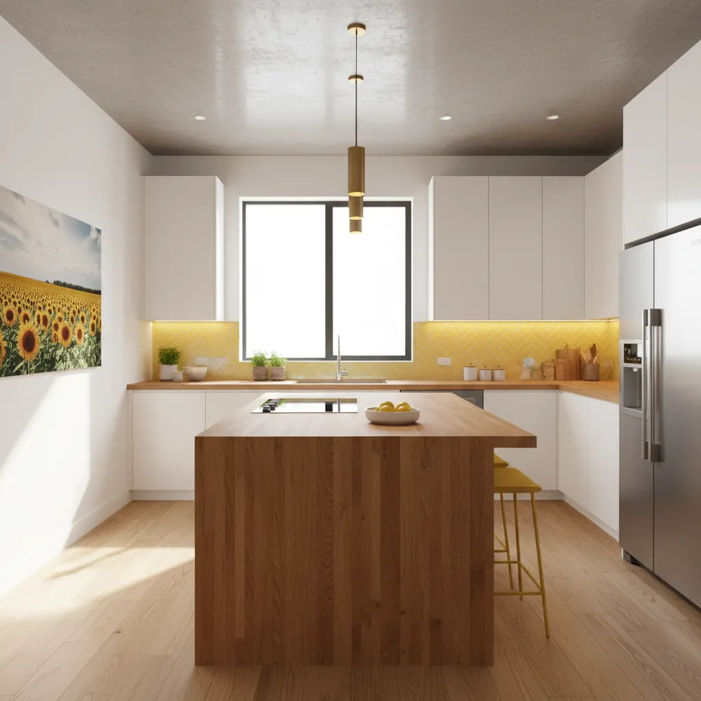 Cocina moderna con detalles decorativos amarillos