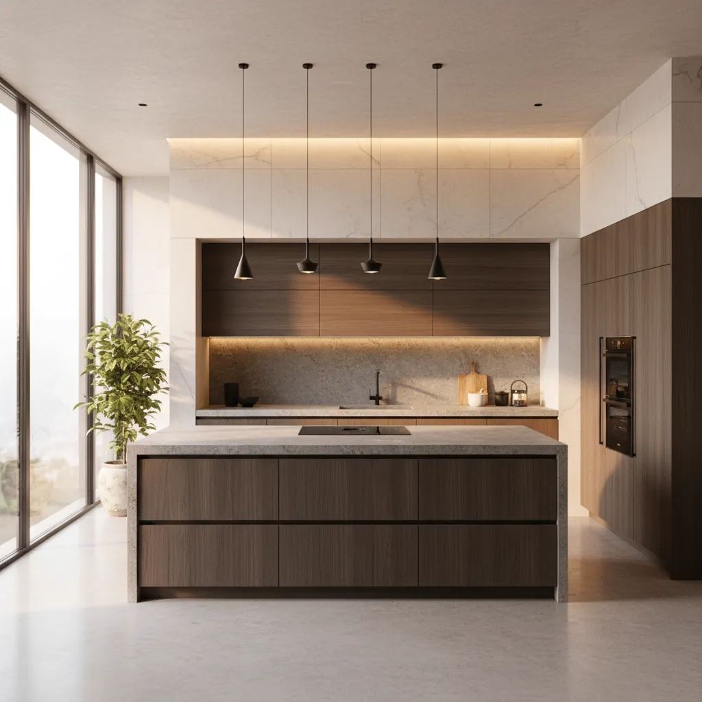 Cocina moderna donde arquitectura y distribución del mobiliario están equilibradas
