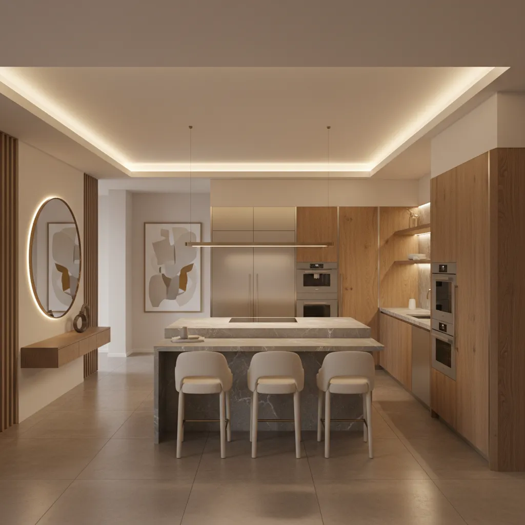 Cocina elegante integrada con el recibidor de la casa