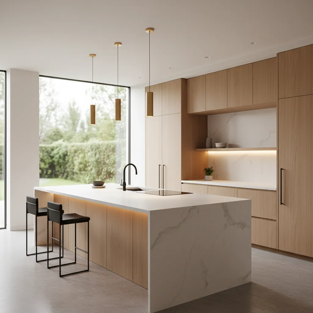 Modern kitchen with stone island wood cabinets black bar stools gold ceiling lights and window
