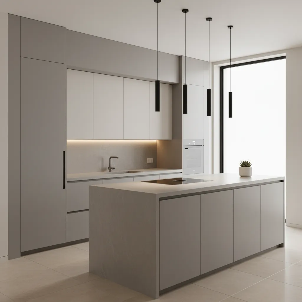 Cocina minimalista en casa moderna con muebles integrados