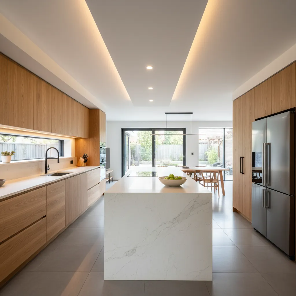 Cocina moderna con madera natural y piedra clara