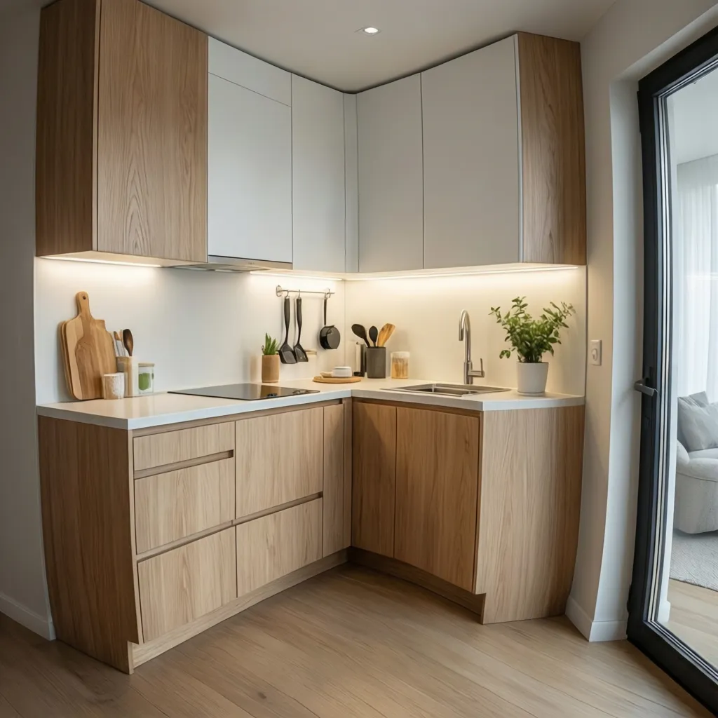 Cocina pequeña moderna con diseño simple y funcional