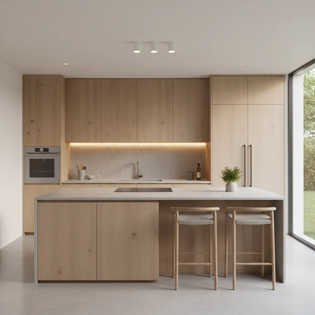 Minimalist kitchen with light wood cabinets, stone island, two chairs, and a large bright window