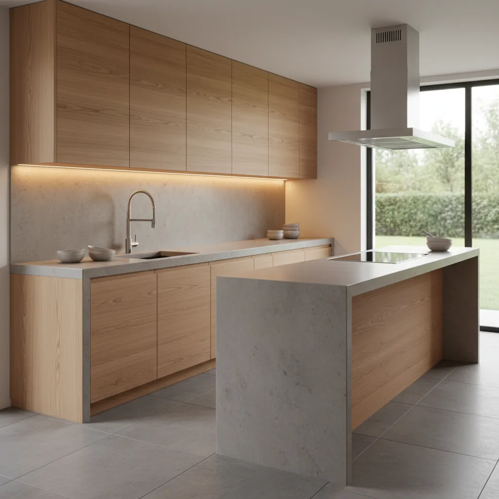 Cocina moderna con encimera de hormigón y muebles de madera