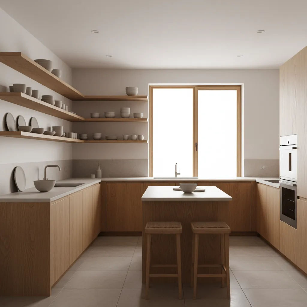 Cocina moderna con estanterías abiertas y estilo minimalista