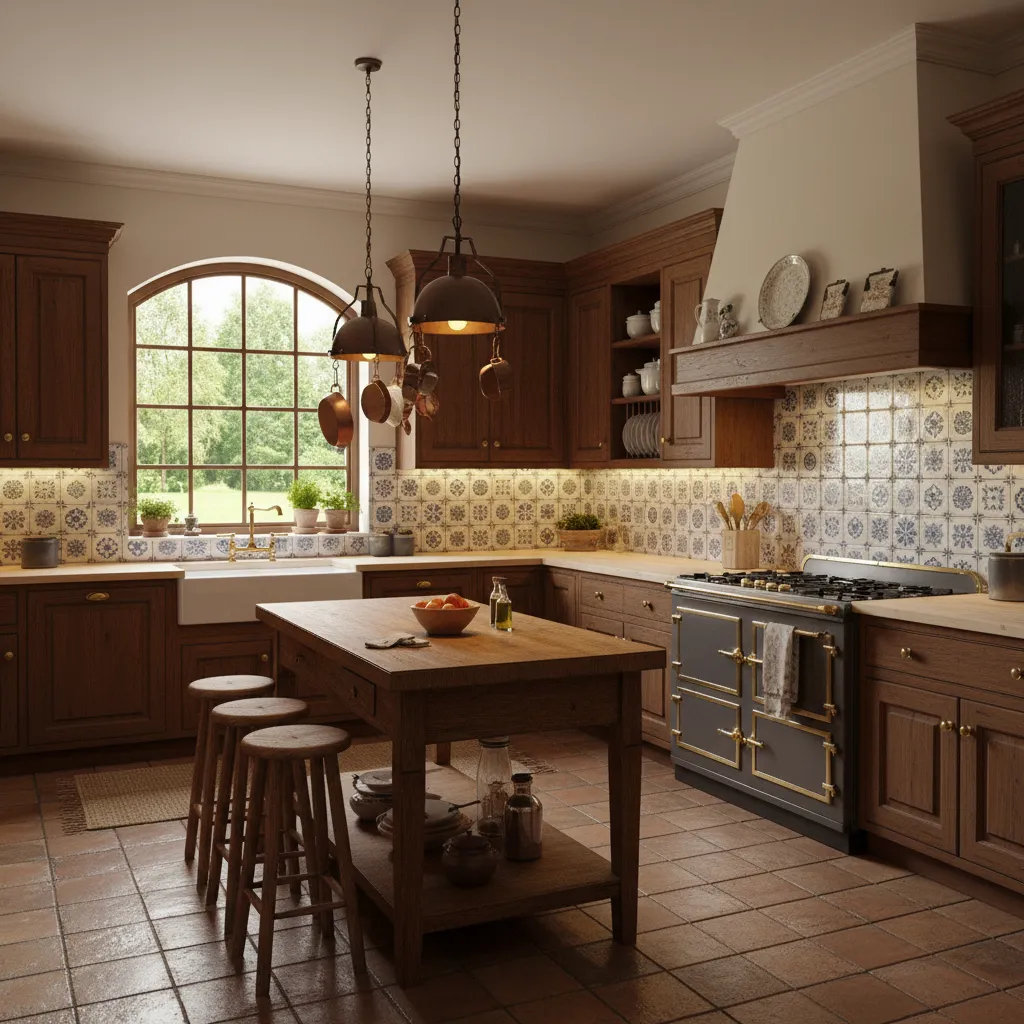 Colonial kitchen with wood cabinets, blue patterned tiles, island, stools, stove, and arched window view