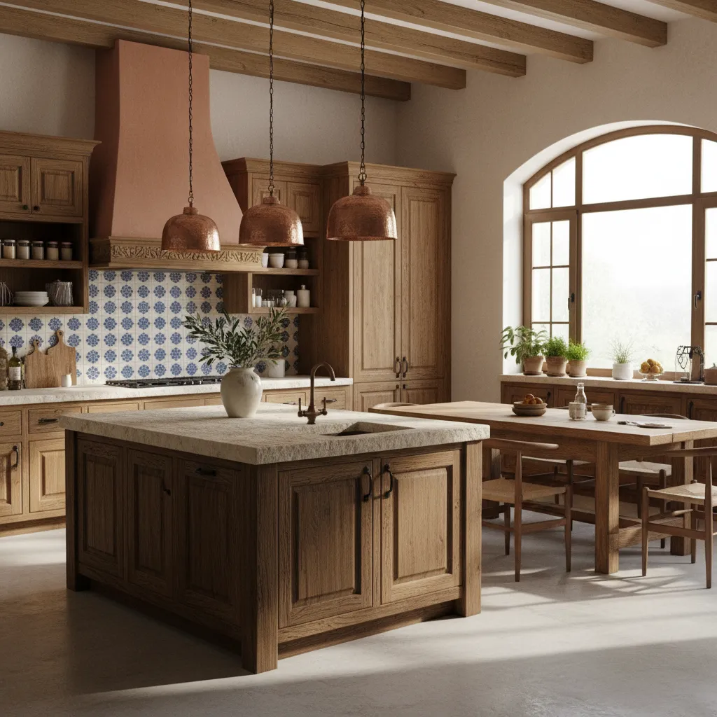 Cocina moderna inspirada en el estilo español con isla y materiales naturales