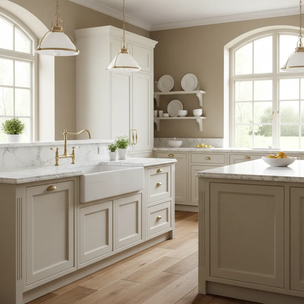 Modern kitchen with marble countertop white sink cabinets large island wood floor and ceiling lights