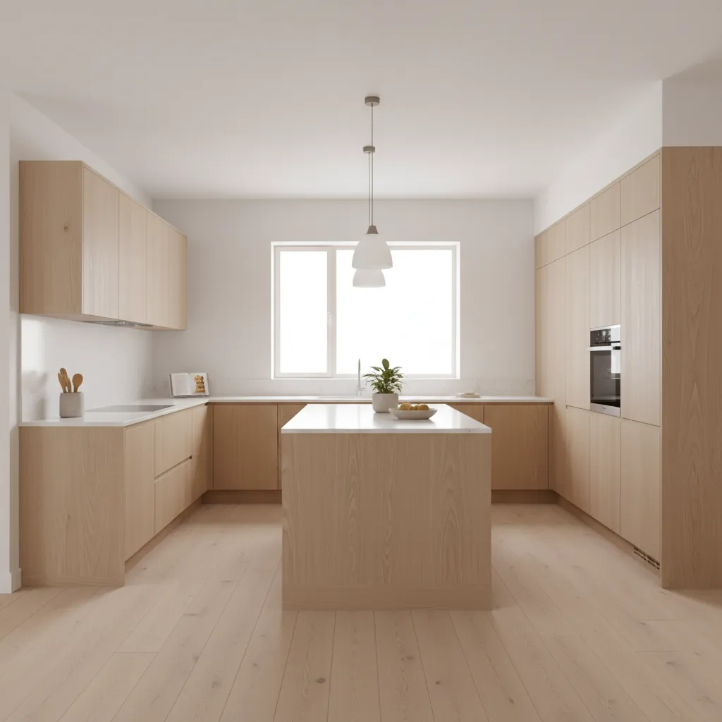 Minimalist kitchen with light wood cabinets, central island, wooden floor, large window, and ceiling light